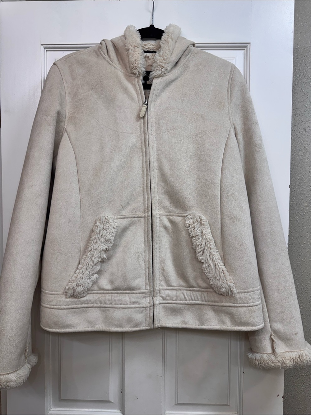 Jones New York Faux Suede Shearling Hooded Jacket Cream M
